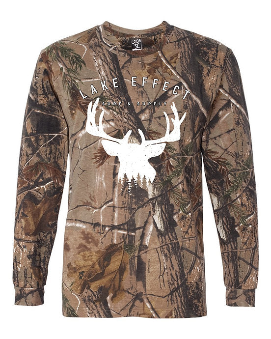 Lake Effect Buck Unisex Long Sleeve T-Shirt (Camo/White)
