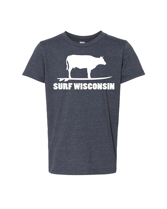 Surf Wisconsin Surfing Cow Youth T-Shirt (Heather Navy/White)