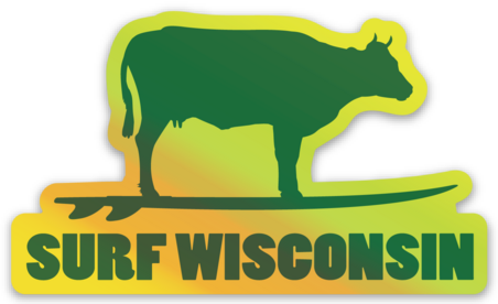 Surf Wisconsin Surfing Cow Sticker (Green/Yellow Holographic)
