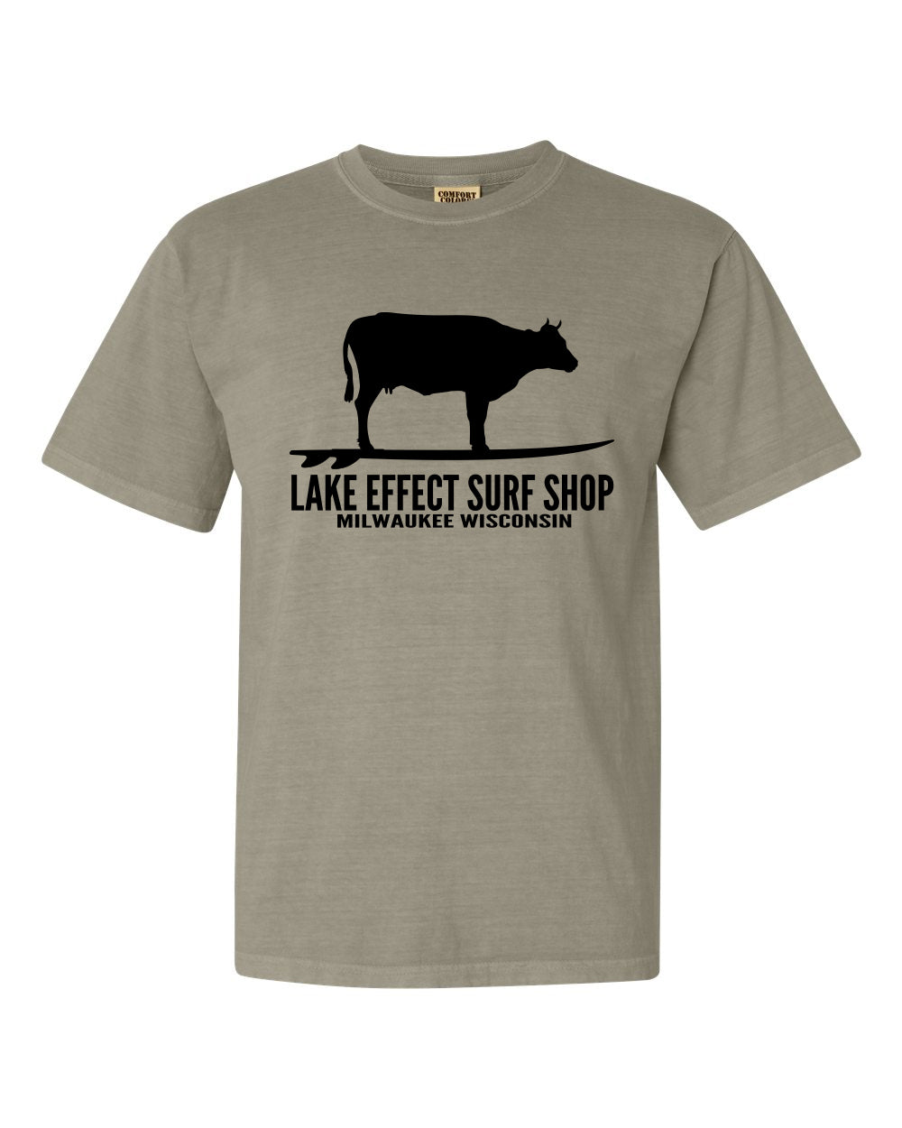 Lake Effect Surf Shop Surfing Cow Unisex T-Shirt (Sandstone/Black)