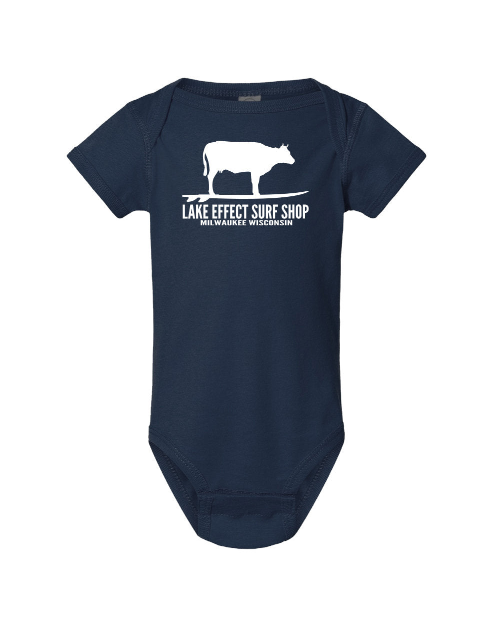 Lake Effect Surfing Cow Onesie (Navy/White)