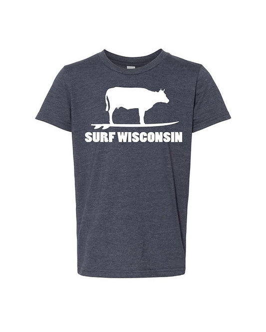 Surf Wisconsin Surfing Cow Youth T-Shirt (Heather Navy/White)