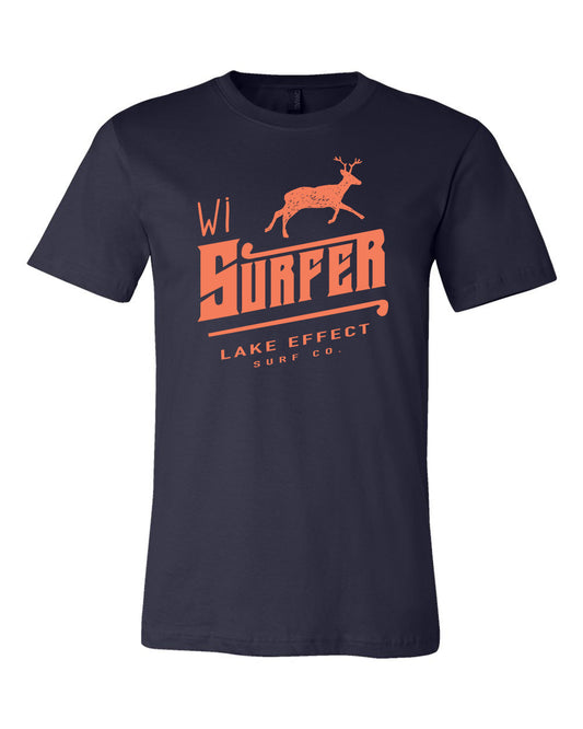 Lake Effect WI Surfer Deer Unisex T-Shirt (Navy/Orange)