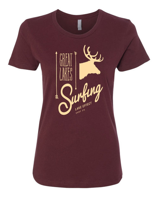 Lake Effect Elk Ladies T-Shirt (Maroon/Cream)