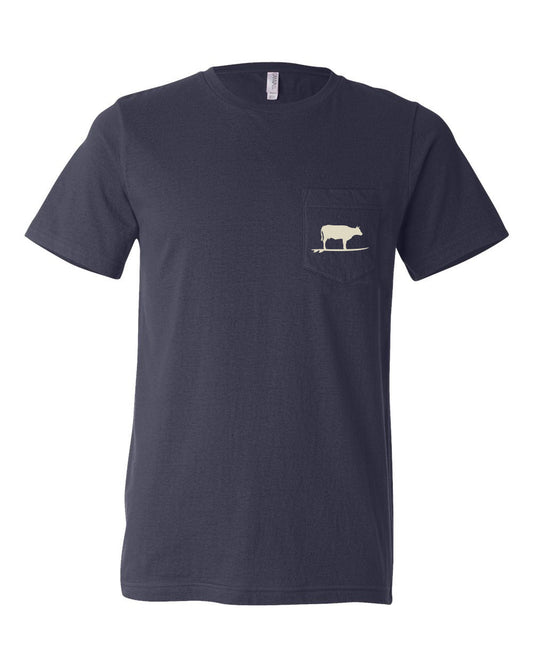 Lake Effect Surfing Cow Unisex Pocket T-Shirt (Navy/Cream)