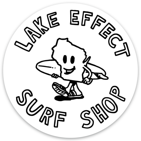 Lake Effect Surf Shop Vintage Cartoon State Surfer Circle Sticker (White/Black)