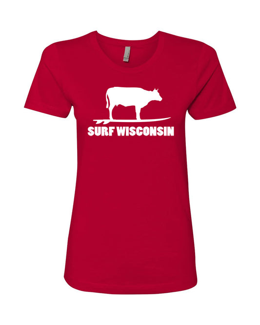 Surf Wisconsin Surfing Cow Ladies T-Shirt (Red/White)