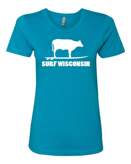 Surf Wisconsin Surfing Cow Ladies T-Shirt (Turquoise/White)